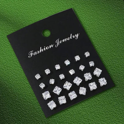 New Geometric Six-Claw Heart-Shaped Crystal Zircon Basic Set Ear Studs Vintage Elegant 36 Pairs Unisex