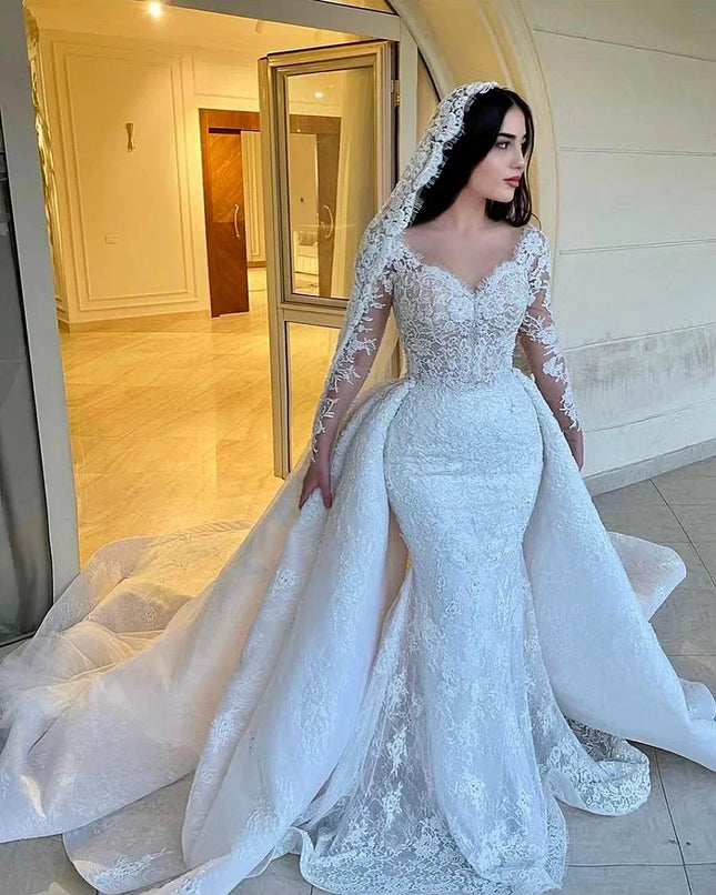 Maßgeschneiderte elegante Meerjungfrau-Brautkleider, abnehmbare Schleppe, romantische Spitze, lange Ärmel, Brautkleider für Vestidos De Novia