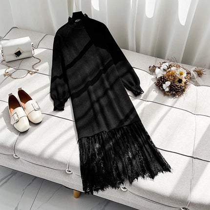 Oversize Black Lace Splicing Knitted Sweater Dress Women Autumn Winter French  Mid-length A-lin Dresses Loose Long Sleeve Dress
