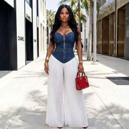 Streetwear Denim Wide Leg Pants Outfit Sexy Women Two Pieces Casual Tracksuit Set Elegant Patchwork Club Matching Set