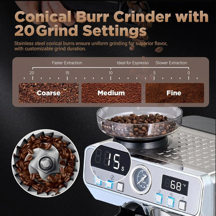 20 Bar Espresso Machine with Grinder, PID Temp Control 194-203°F, 68oz Tank, Cold Brew, All-in-One for Home