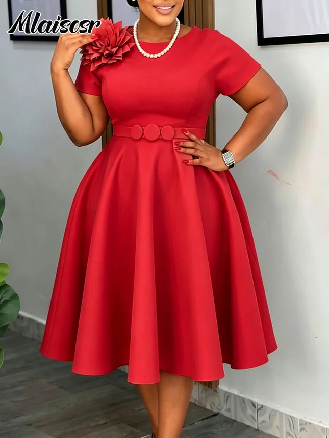 Mlaiscsr Damen Vintage Cocktail Midikleid Kurzarm A-Linie mit 3D Blumen Choker Ideal für Hochzeiten, Abschlussbälle und Feiertage