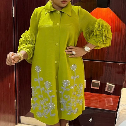 Fashion Print Pleated Dress Women Lapel Floral Sleeves Design Single Breasted A-line Dresses 2024 Summer New
