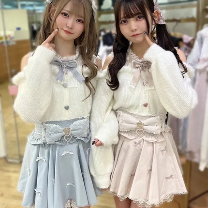 Autumn and Winter Furry Off-shoulder Long-sleeved Sweater Japanese Sweet Cute Girl Bow Versatile Outer Wear Knitted Pullover