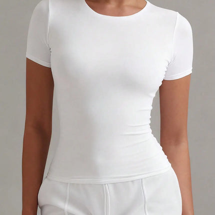 Women's White Solid Round Neck Short Sleeve Fitted T-Shirt for Summer Casual Wear