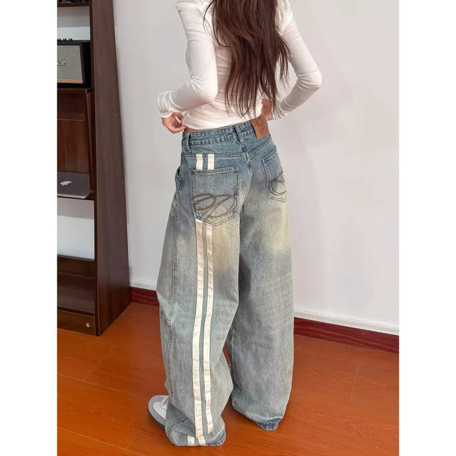 Ropa Y2K Fashion Striped Patchwork Washed Blue Baggy Women's Jeans Pants For Woman Clothing Straight Vintage Denim Trousers