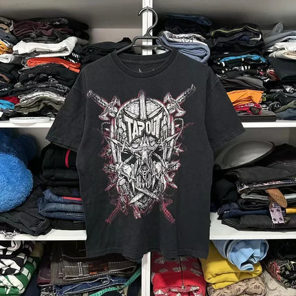 Y2K New Vintage Gothic Skull Wing Printed Long Sleeve Street Trend Pure Cotton Top Men Hip Hop Gothic Harajuku Oversize T-shirt