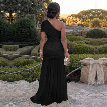Doyerl One Shoulder Elegant Dresses for Woman Formal Evening Sheath Ruched High Split Club Party Bodycon Maxi Dress Robes Femme