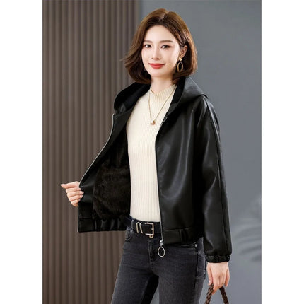Velvet PU Leather Coat Woman 2025 New Fur Jacket Autumn Winter Hooded Loose Outerwear Slim Short Leather Jackets Ladies Outcoat
