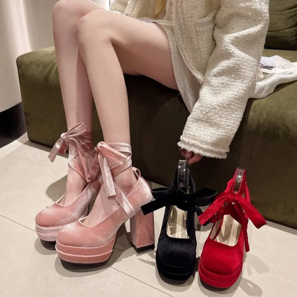 Designer Platform Women Mary Jane Shoes Ladies Fashion Cross-tied Thick High Heels Women's Elegant Dress Pumps Chunky Shoes
