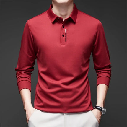 New Men's Business Casual Long Sleeved Shirt with Badge Solid Color Polo Shirt Fashionable Breathable - product image 6