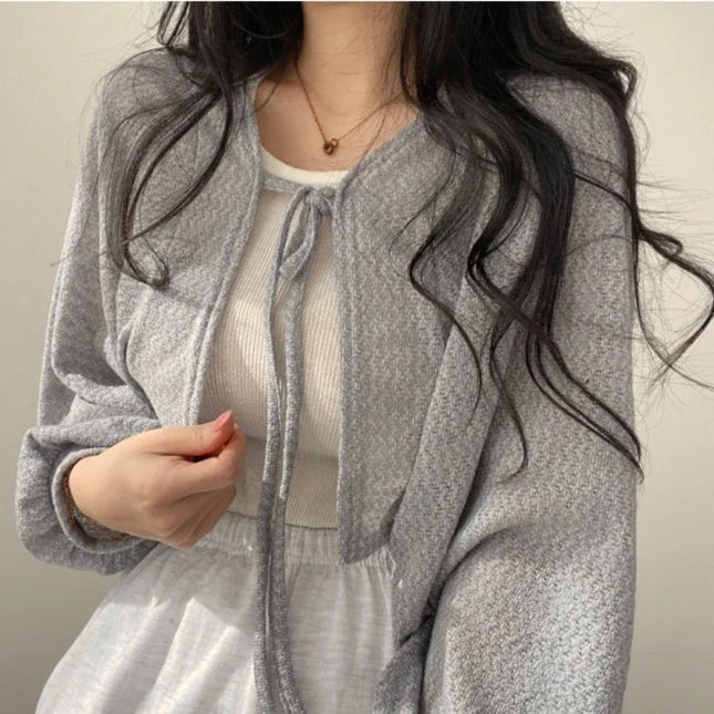 Thin White Cardigan Women Summer Sunscreen Lace-up Knitwear Tops Lady Korean Style Casual Lantern Sleeve - product image 2