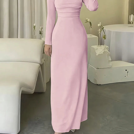 Temperament Women Long Sleeve Party Maxi Dresses Fashion Square Collar Pleated Evening Dress White Slim High Waist Banquet Dress