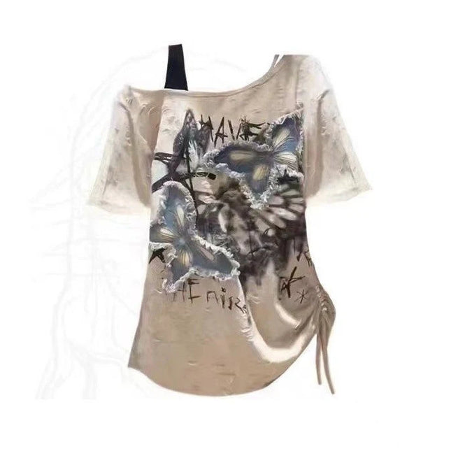 Vintage Y2K Sommer schulterfrei Oversize Grafik T-Shirt Damen 2000er Chic Kurzarm Top Damen Vintage 2025 Neu