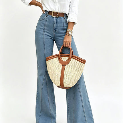 High-Waisted, Three-Dimensional Tailored Women’s Flared Jeans with High Elasticity That Elongate the Legs; No Belt Included