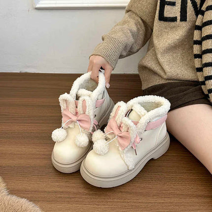 Sweet Girls Lolita Winter Mid-Calf Snow Boots,Young Women Students Cute Plush Rabbit Ears Bowknots Warm Flat Platform Shoes