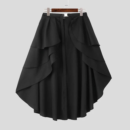 INCERUN American Style Pantalons Stylish Men Ruffled Double Layered Half Skirt Pants Casual Clubwear Male Solid Lace Up Trousers