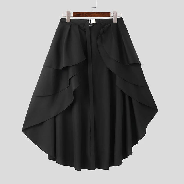 INCERUN American Style Hosen Stylische Herren Rüschen Doppellagige Halb-Rockhose Legere Clubwear Herren Einfarbige Schnürhose