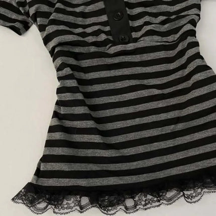 Gothic Harajuku Y2K Women's Crop Top Casual Slim Fit Striped Lace Bow Button Design Short Sleeve T-Shirt Chic Trendy Streetwear