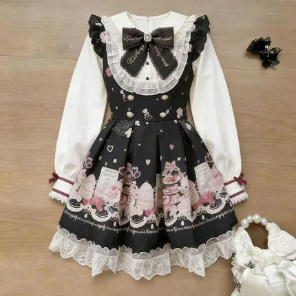 Japanese Cute Slim Women Party Dress Ruffled Lace Chic Bow Long Sleeve Kawaii Sweet Style Set Lightweight Trendy Female Design