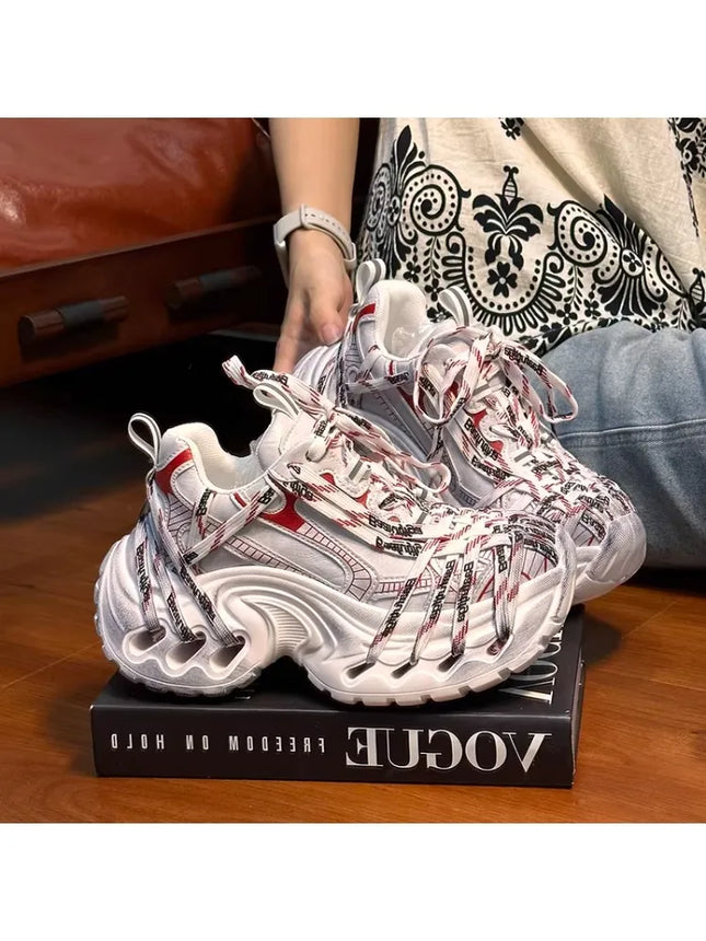 2026 Retro Lace-Up Distressed Platform Chunky Dad Sneakers for Women,Fashionable Versatile Height-Increasing Casual Sports Shoes
