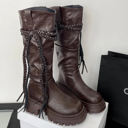 Comemore White Retro Platform Knee High Boots Thick High Heels Shoes for Women Fashion Autumn Stacked Long Knight Botas Female