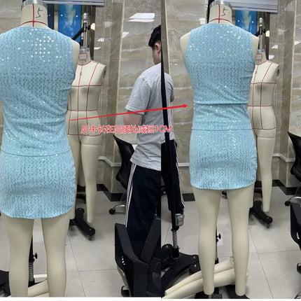 Sexy Sparkly Sequined 2 Pieces Set For Women Solid Sleeveless Crop Tops Slim A-line Mini Skirts 2025 Lady Summer Holiday Outfits