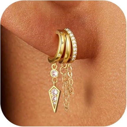 14k Gold Plated Triple Huggie Stud Earrings for Women Sparkling CZ Chain Tassel Hypoallergenic Dangle Earrings Jewelry Gifts