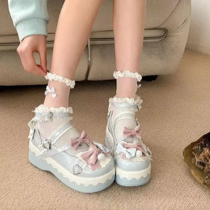 Lovely Girls Lolita Sweet Bowknots Platform Shoes Kawaii Alice Lace Flat Elevator Shoes Mary Janes