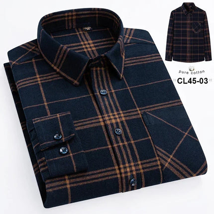 Mens 100% Cotton Casual Shirt Slim Fit Button Classic Striped Plaid Long Sleeve Shirts Single Pocket Comfortable Workwear Shirts