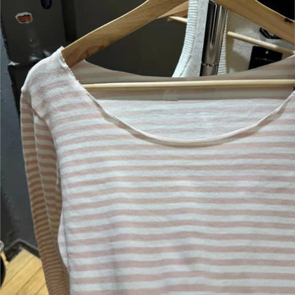 Sweet Pink Striped Long Sleeve T-shirt Women New Spring Cotton Raw Hem Slash Neck Slim Tee Tops Cute Preppy Style T shirt Y2K