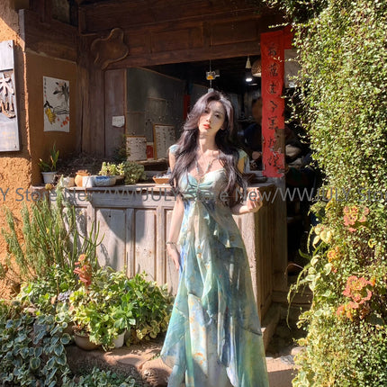 New Elegant Woman Summer Sexy Sleeveless Floral Midi Dress Boho Beach Casual Sweet Party Dress Fairy Korean Fashion Dress Design