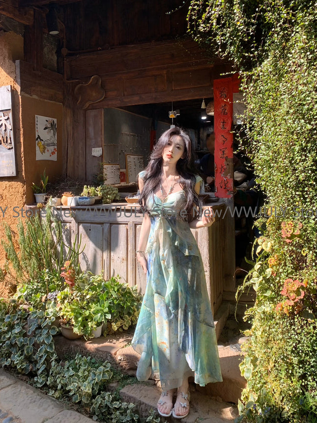 Neues elegantes Damen-Sommerkleid, sexy ärmellos, geblümt, Midi-Kleid, Boho Strand lässig, süßes Partykleid, Feen Korean Fashion Kleid Design