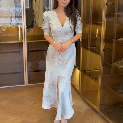 Elegant Floral Printed Satin Dress Pleated V-Neck Short Puff Sleeve Bodycon Dresses 2026 Spring Women Vintage Vacation Chic Gown