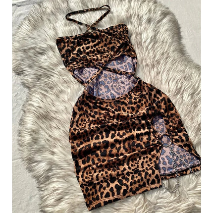 Elegant And Fashionable Women's Sexy Leopard Print Mini Dress Strapless Sleeveless Hollow Bag Hip Sexy Summer Holiday Dress