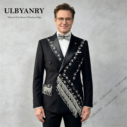ULBYANRY Men's 2pc Formal Suit Set for Formal Events, Wedding Grooms Suit Double Breasted Jacket with Crystals Tassels Prom Suit