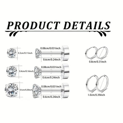 5 Pairs Earrings for Women Cartilage Earring Stacks Small Stainless Steel Earring Flat Back CZ Studs Sets for Multiple Piercing