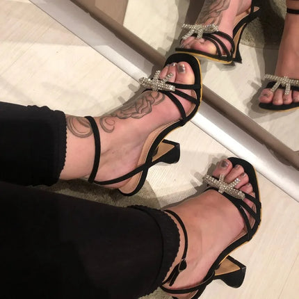 Ultra-high Heel Women's Sandals Fashion Square Toe Design High-heeled Sandal Luxury Rhinestone Bow High-heeled Sandals for Women