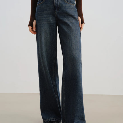 ZIQIAO 2025 New Blue Vintage Straight Leg Floor-Length Jeans for Women Brushed Soft Denim Pants High