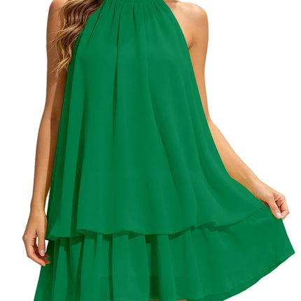 Women Halter Neck Backless Tie Mini Dress Summer Sleeveless Chiffon Ruffle Short Dresses Sexy Club Party Beach Vacation Outfit