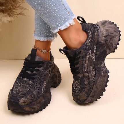 Fall New Heavy Industry Denim Rhinestone Platform Casual Women's Sneakers 2025 Round Toe Plus Size Single Shoes