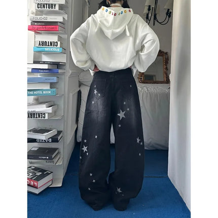 Women's Star Print Wide Leg Jeans Spring Autumn New American Style Loose Baggy Tapered Trousers Casual Streetwear Denim Pants