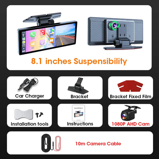 7/8.1 inch Suspended Type Wireless CarPlay Touch Screen Portable Car DVR Android Auto Dashcam GPS Navigation Rearview Camera FM