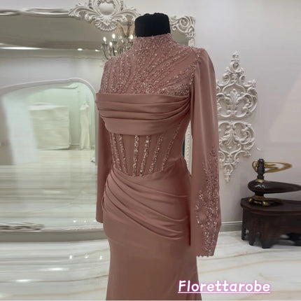 Florettarobe Sequins High Collar Evening Dresses Full Sleeves Satin Prom Gowns for Women Mermaid  Party Dress Long Customized