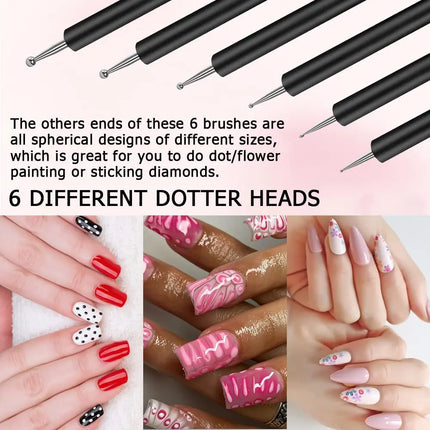 6Pcs Nail Dotting Tools Double-ended Nail Art Brushes Kit Nail Art Gel Polish Liner Brushes Design Pen For Nail Drawing