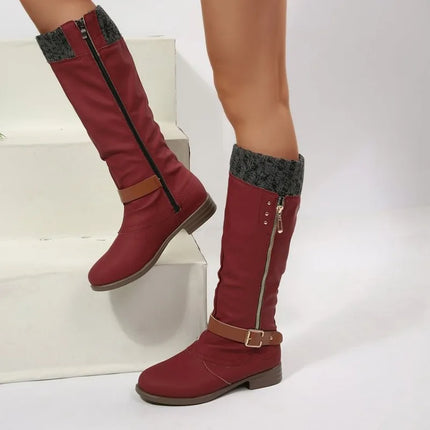 Vintage Women Boots Round Toe Casual Knee High Boots Autumn Winter Fashion Warm Ladies Shoes Solid High Quality
