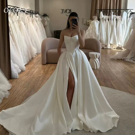 OLOEY Classic Pearls Wedding Dress Sweetheart Drapd Sweep Train High Slit Ivory Taffeta Bridal Gown Customized Vestido de novia