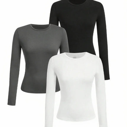 Solid-color long-sleeved T-shirt - Polyester knitted fabric, round neck, regular fit, fall-winter style