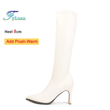 Spring Autumn Elastic Leather Boots For Women 6CM 8CM High Heels Side Zipper Knee-high Boors Fashion Pointed Winter Woman Shoes
