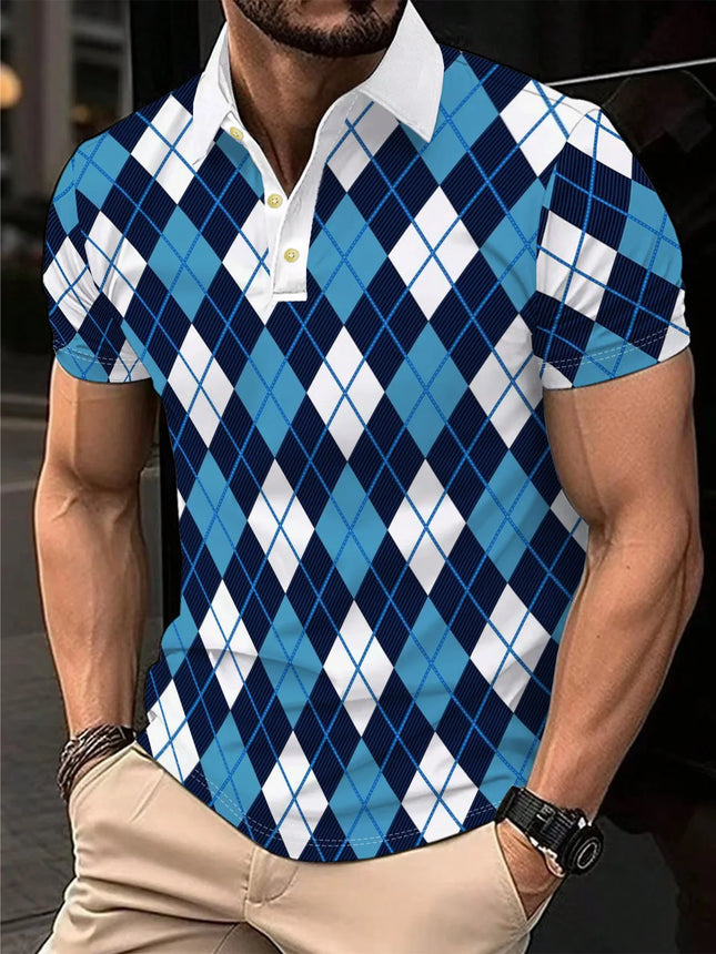 The 2026 Summer New men's short-sleeved POLO Shirt Features A Casual Fashionable And Comfortable 3D Checkered Pattern Print